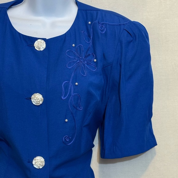 B-278 Reina Vintage 80s Blue Embroidered Puffy Sleeve Skirt Set Size 12 - Picture 5 of 16